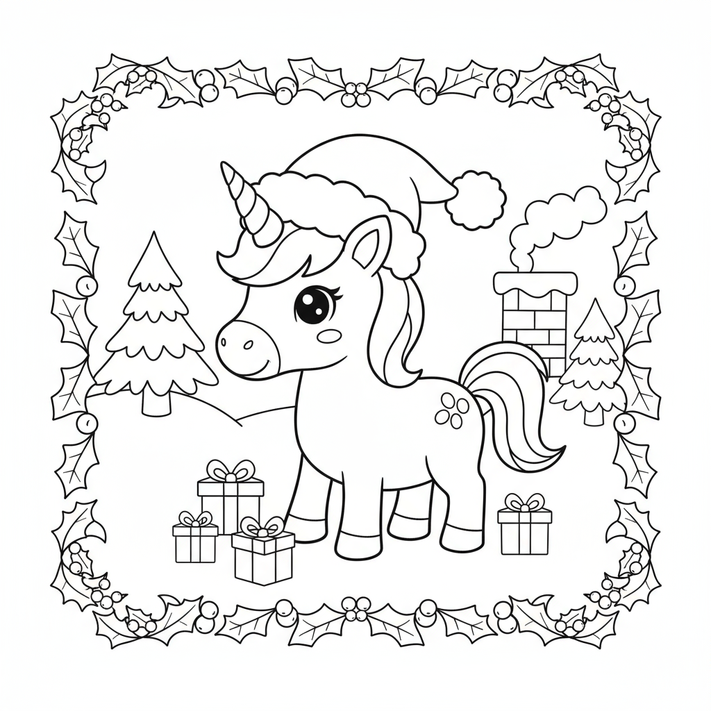 Baby Unicorn Christmas Theme - Free printable unicorn coloring page