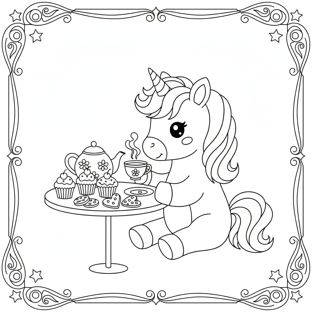Baby Unicorn Drinking Tea - Free printable unicorn coloring page