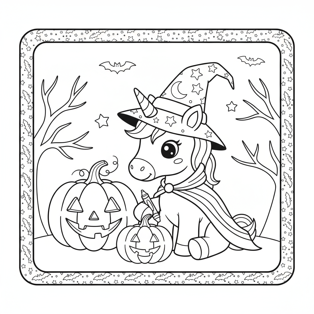 Baby Unicorn Halloween Theme - Free printable unicorn coloring page
