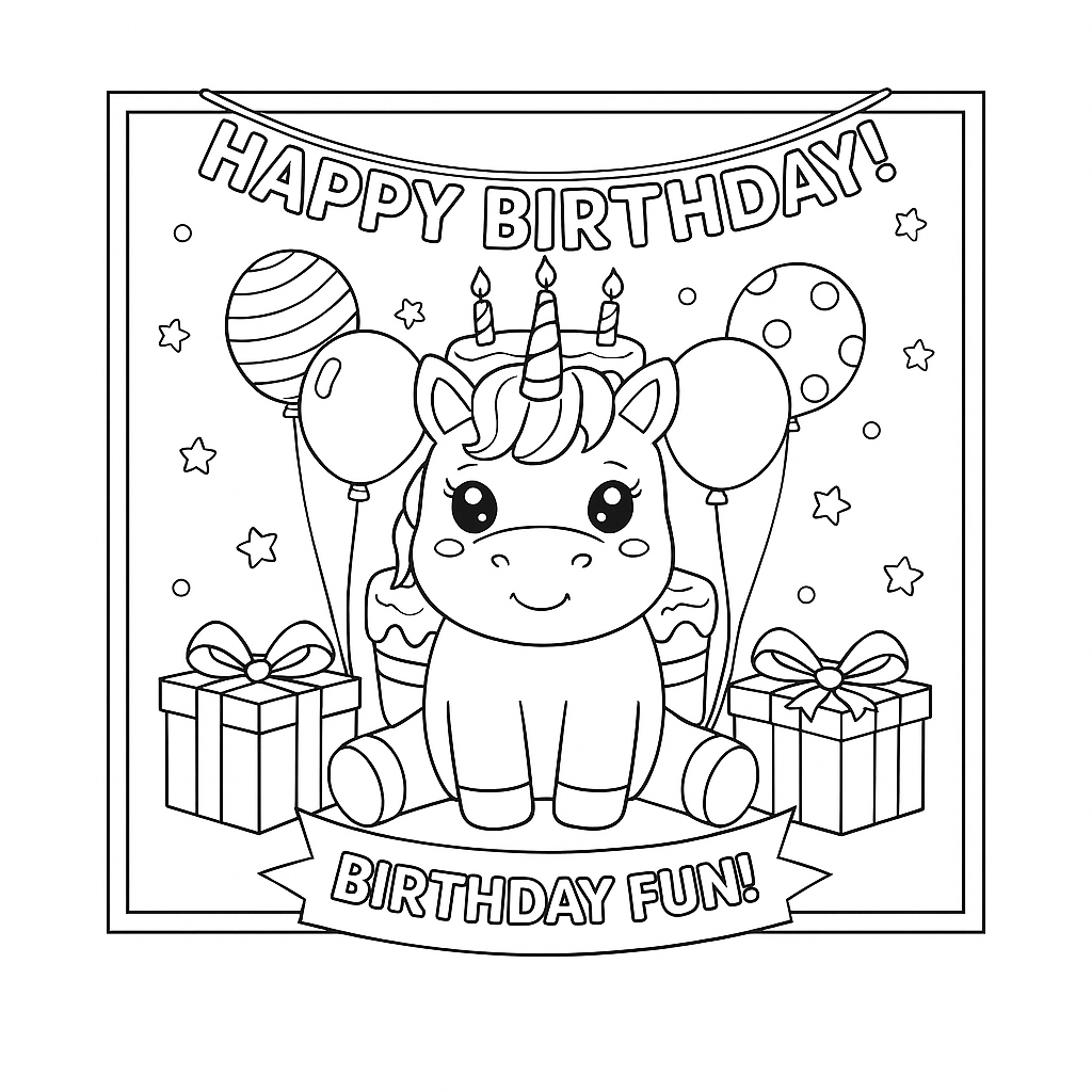 Baby Unicorn Happy Birthday 1 - Free printable unicorn coloring page