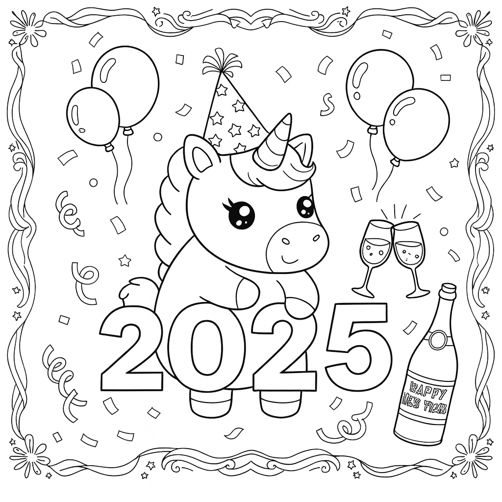 Baby Unicorn Happy New Year 2025 - Free printable unicorn coloring page