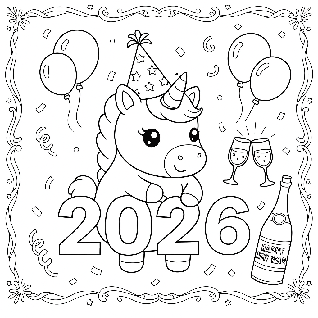 Baby Unicorn Happy New Year 2026 - Free printable unicorn coloring page