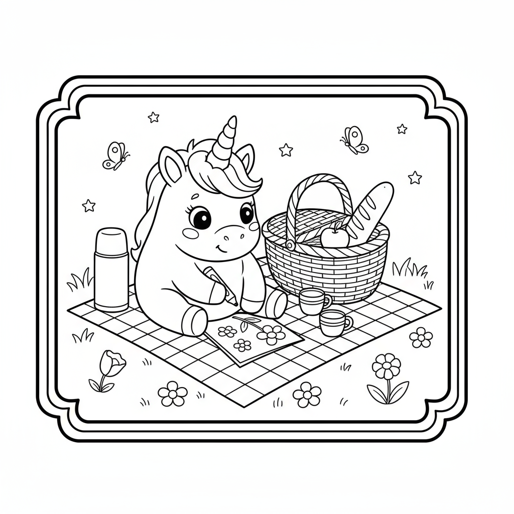 Baby Unicorn Having Picnic - Free printable unicorn coloring page
