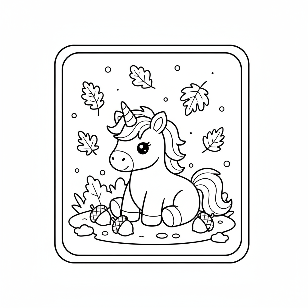 Baby Unicorn in Autumn with Leaves - Free printable unicorn coloring page