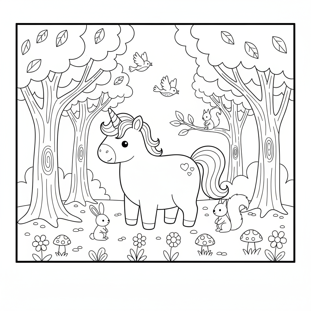 Baby Unicorn in Forest with Small Animals - Free printable unicorn coloring page