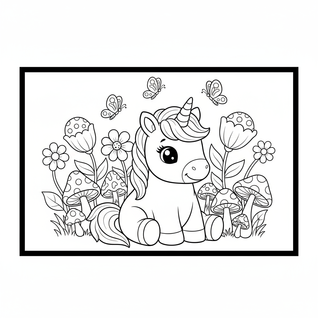 Baby Unicorn in Garden with Butterflies - Free printable unicorn coloring page