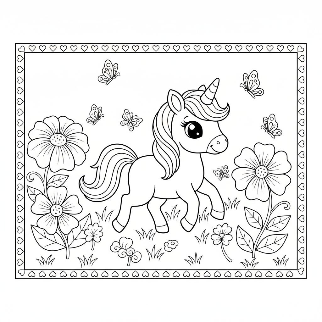Baby Unicorn in Meadow with Flowers - Free printable unicorn coloring page