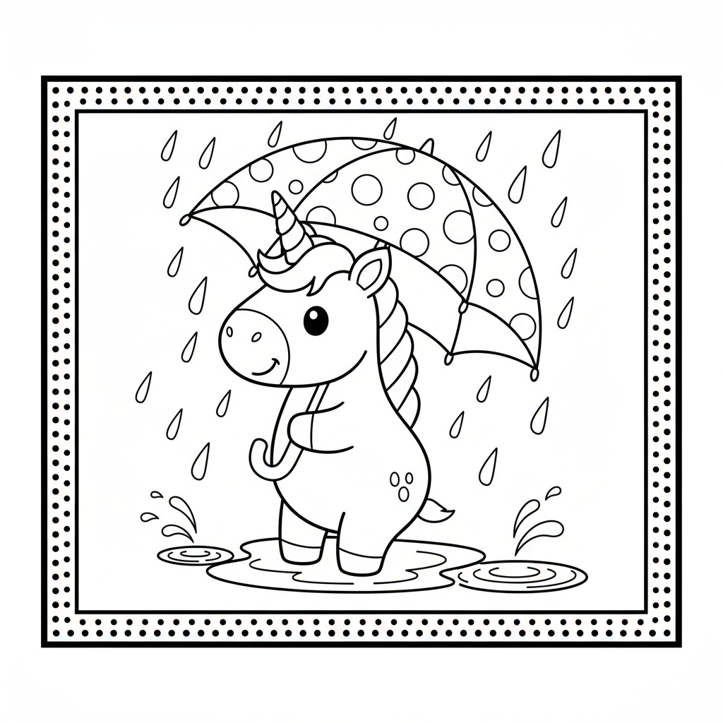 Baby Unicorn in Rain with Umbrella - Free printable unicorn coloring page