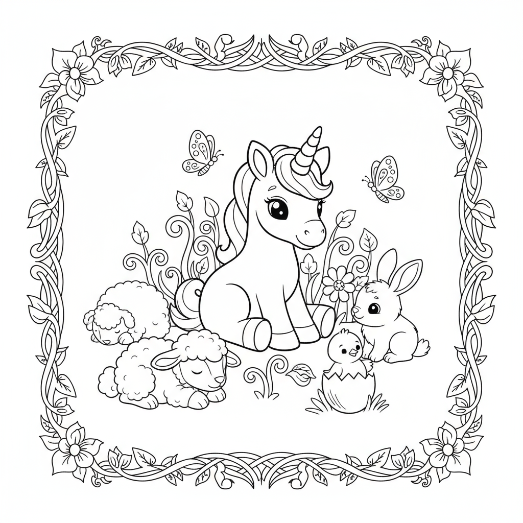Baby Unicorn in Spring with Sprouts - Free printable unicorn coloring page