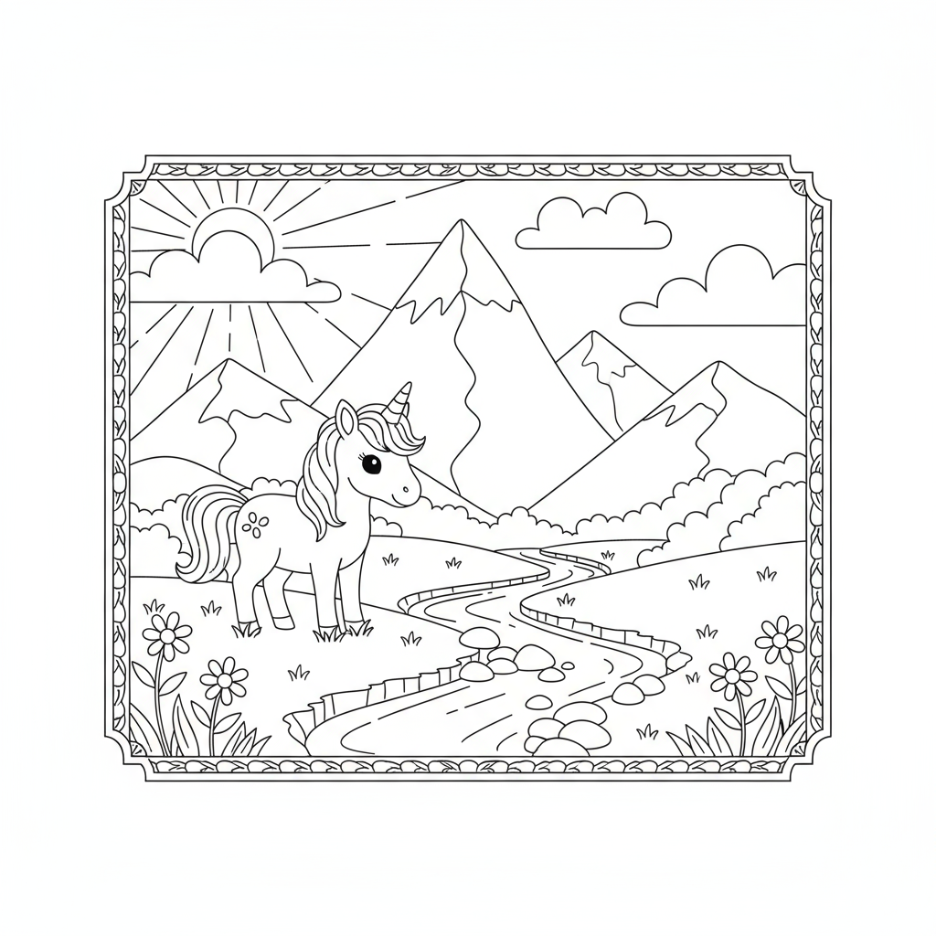 Baby Unicorn in Valley with Stream - Free printable unicorn coloring page