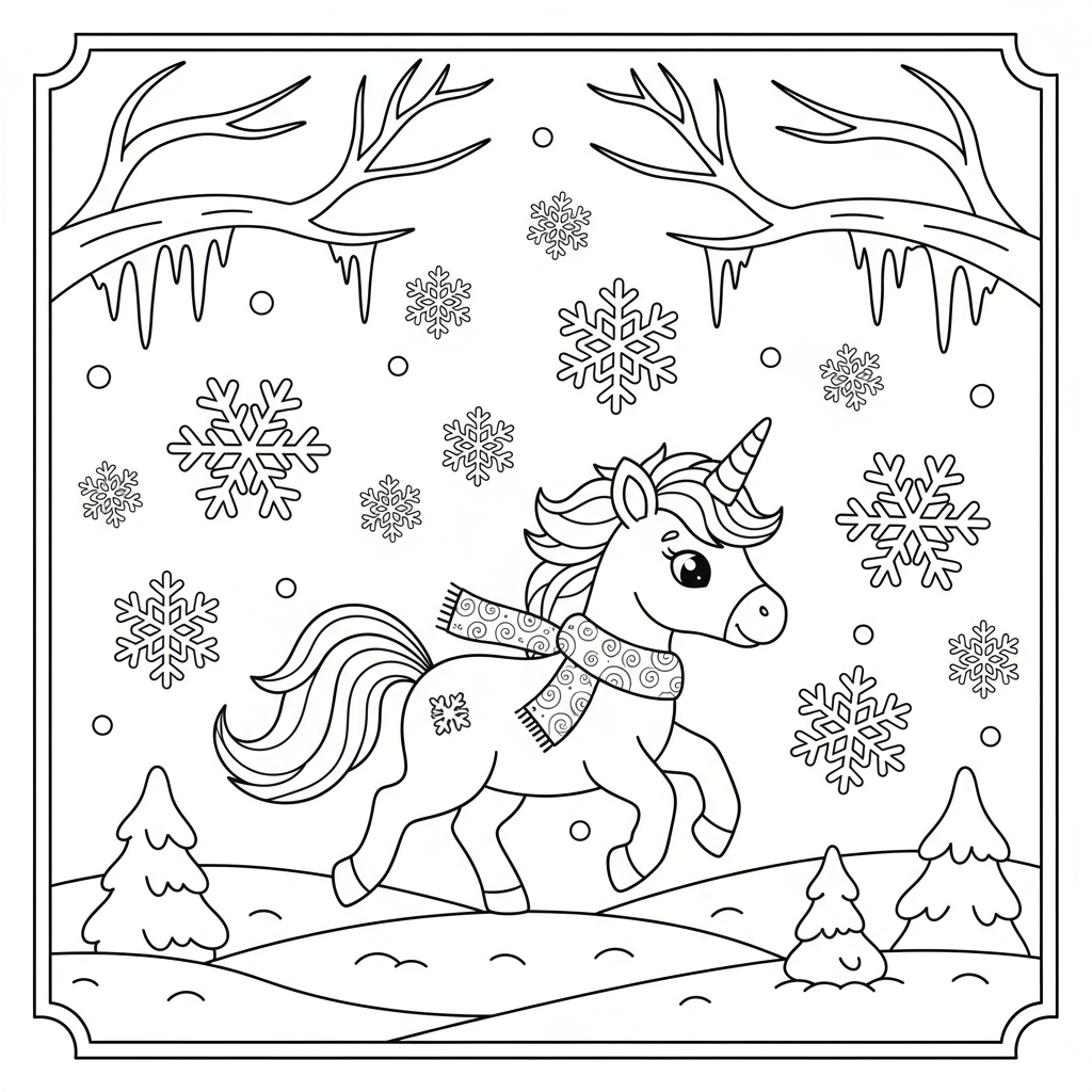 Baby Unicorn in Winter with Snowflakes - Free printable unicorn coloring page