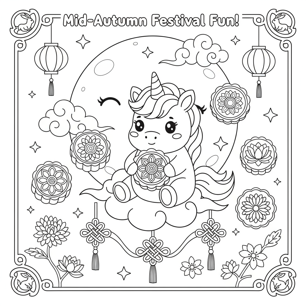 Baby Unicorn Mid Autumn Festival - Free printable unicorn coloring page