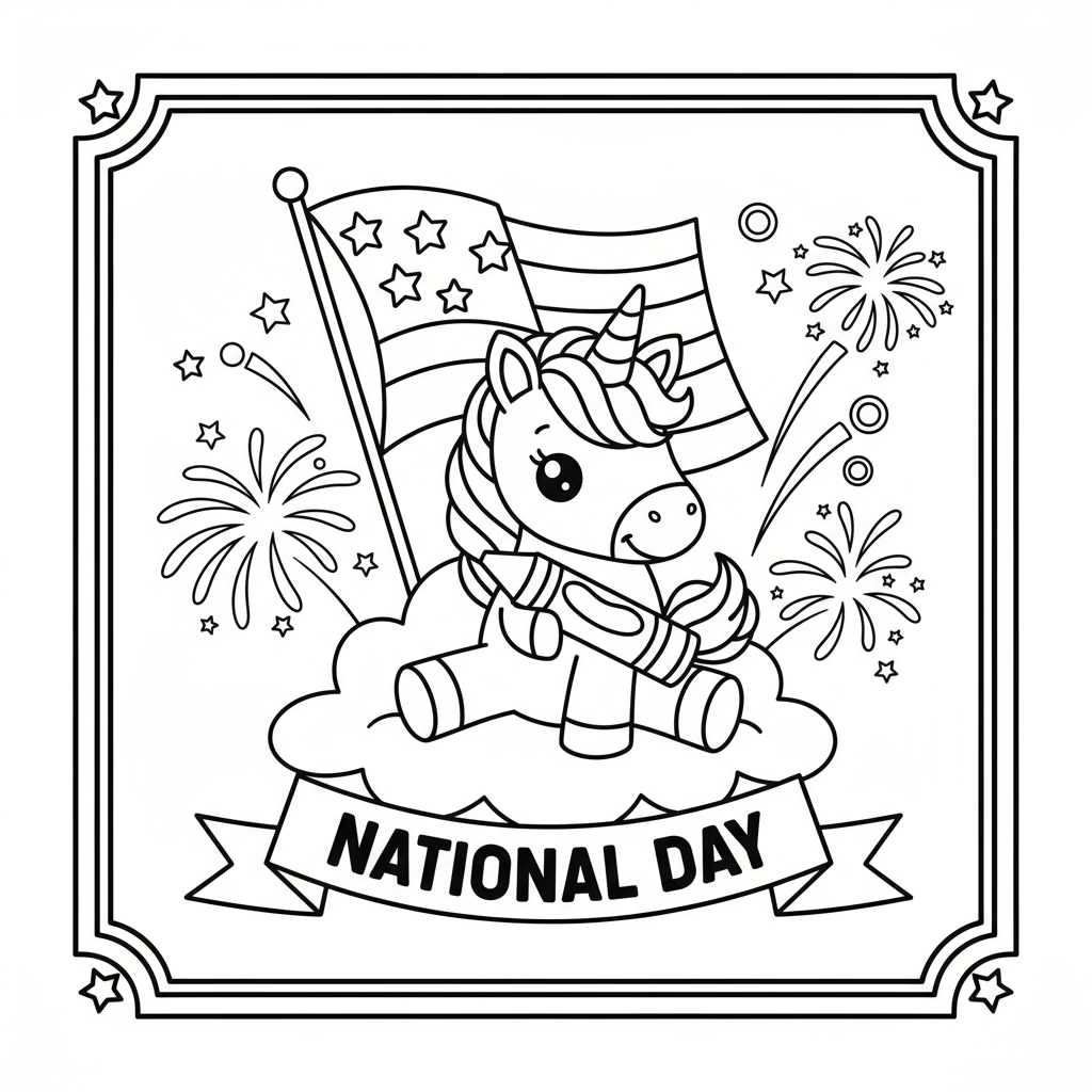 Baby Unicorn National Day Theme - Free printable unicorn coloring page