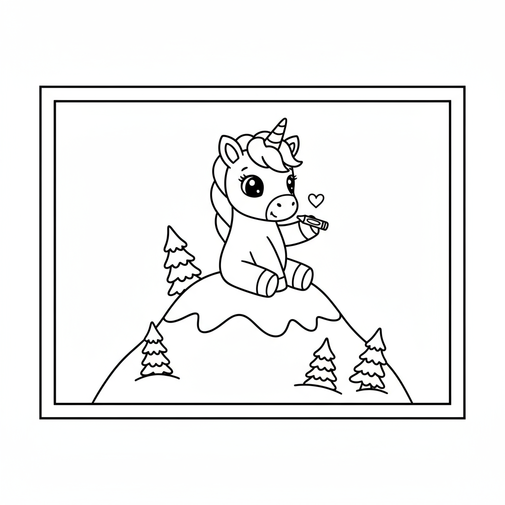 Baby Unicorn on Snowy Mountain - Free printable unicorn coloring page