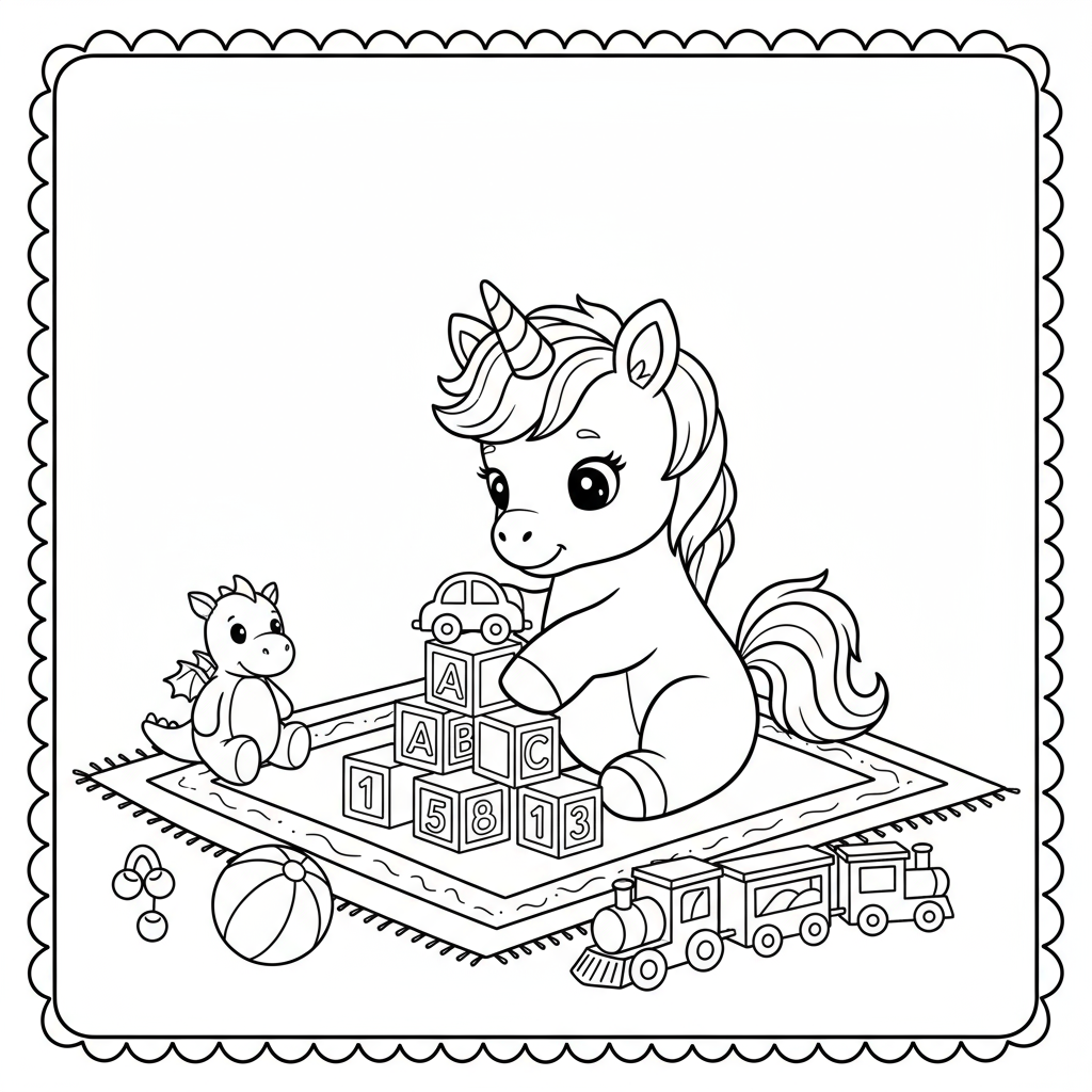 Baby Unicorn Playing Games - Free printable unicorn coloring page