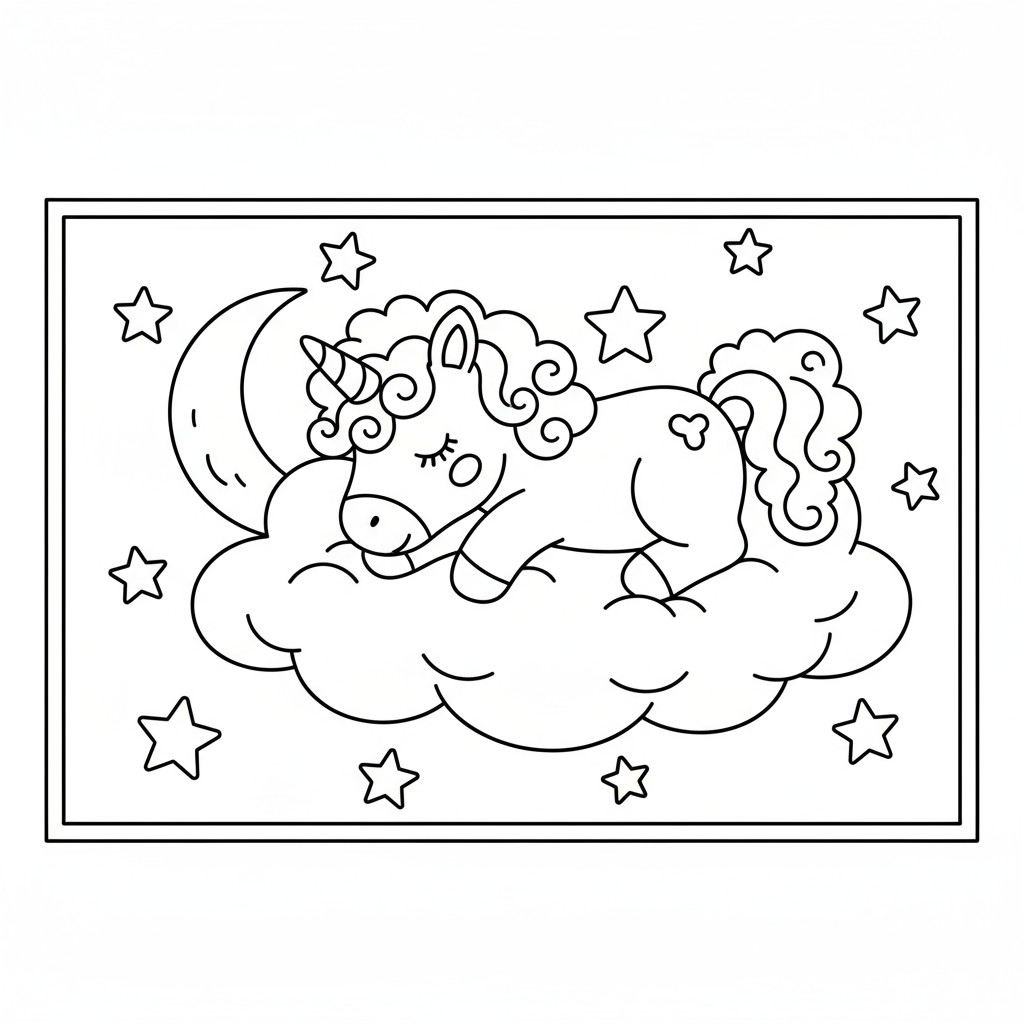 Baby Unicorn Sleeping on Cloud - Free printable unicorn coloring page