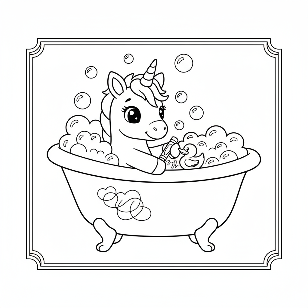 Baby Unicorn Taking Bath - Free printable unicorn coloring page