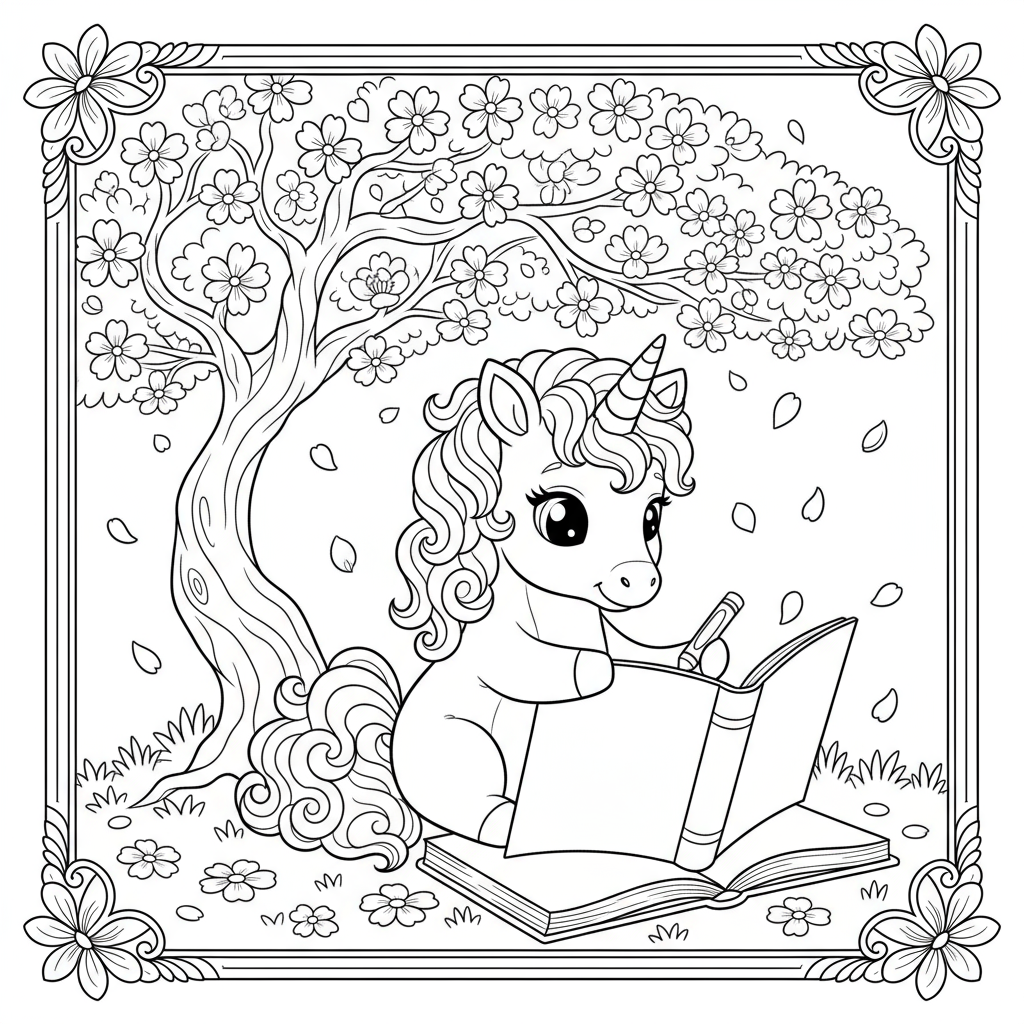 Baby Unicorn Under Cherry Blossom Tree - Free printable unicorn coloring page