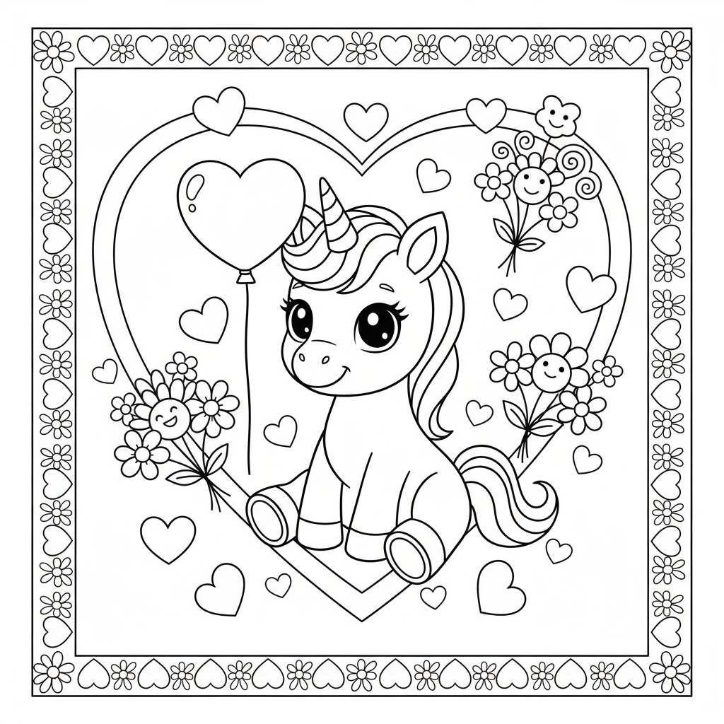 Baby Unicorn Valentine Day Theme - Free printable unicorn coloring page