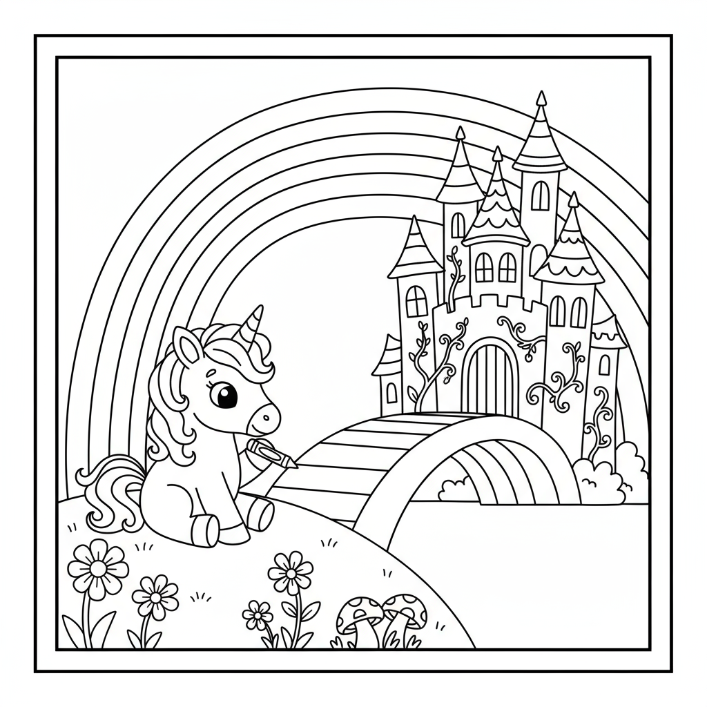 Baby Unicorn with Enchanted Castle - Free printable unicorn coloring page