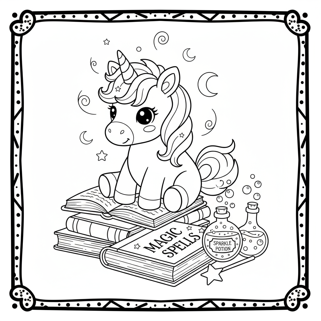 Baby Unicorn with Magic Book - Free printable unicorn coloring page