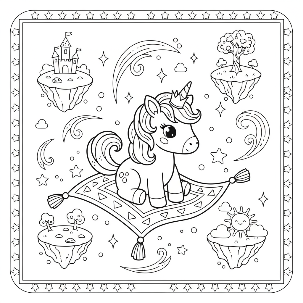 Baby Unicorn with Magic Carpet - Free printable unicorn coloring page