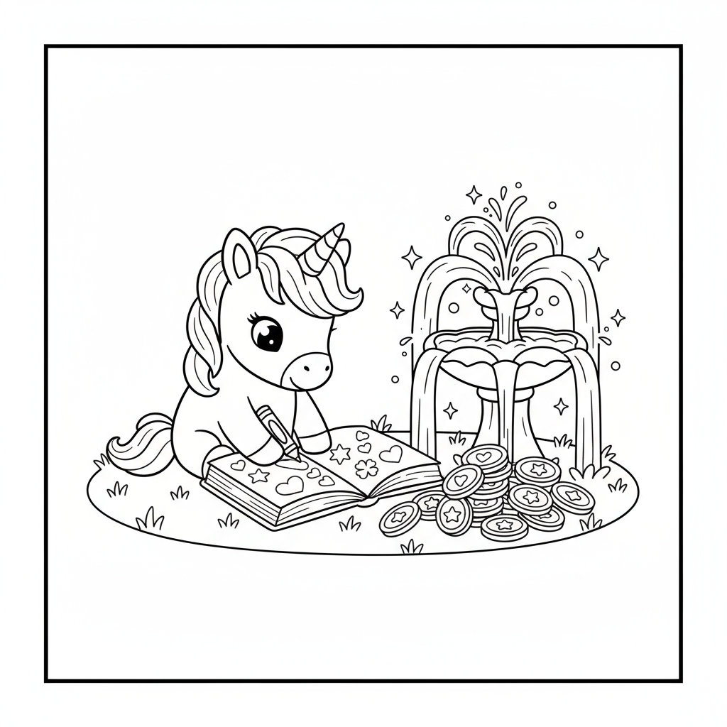 Baby Unicorn with Magic Fountain - Free printable unicorn coloring page