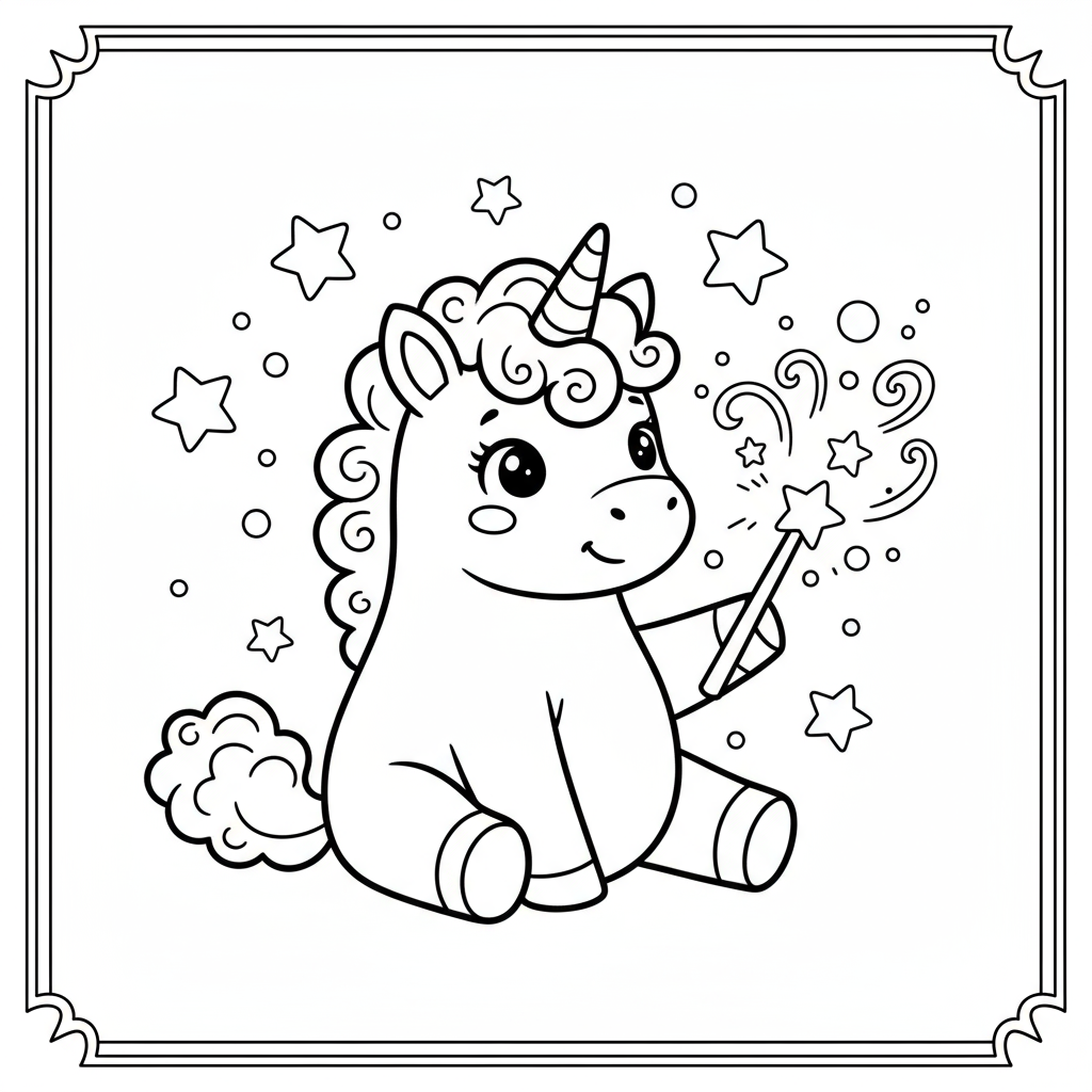 Baby Unicorn with Magic Wand - Free printable unicorn coloring page