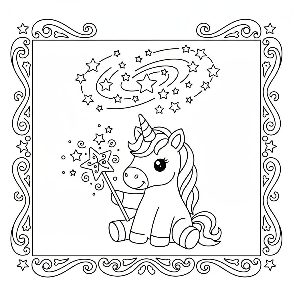 Baby Unicorn with Star Wand - Free printable unicorn coloring page