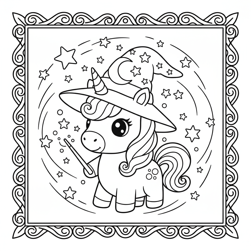 Baby Unicorn with Wizard Hat - Free printable unicorn coloring page