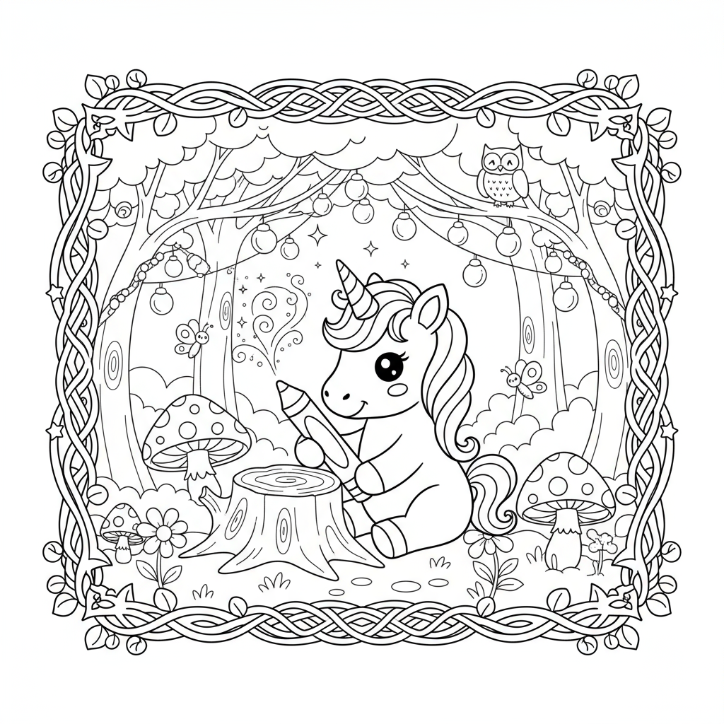 Unicorn in Enchanted Forest - Free printable unicorn coloring page