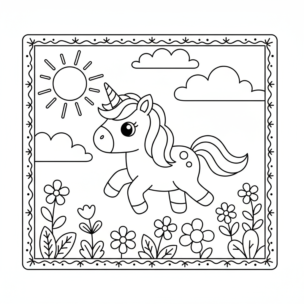 Unicorn in Sunshine with Clouds - Free printable unicorn coloring page