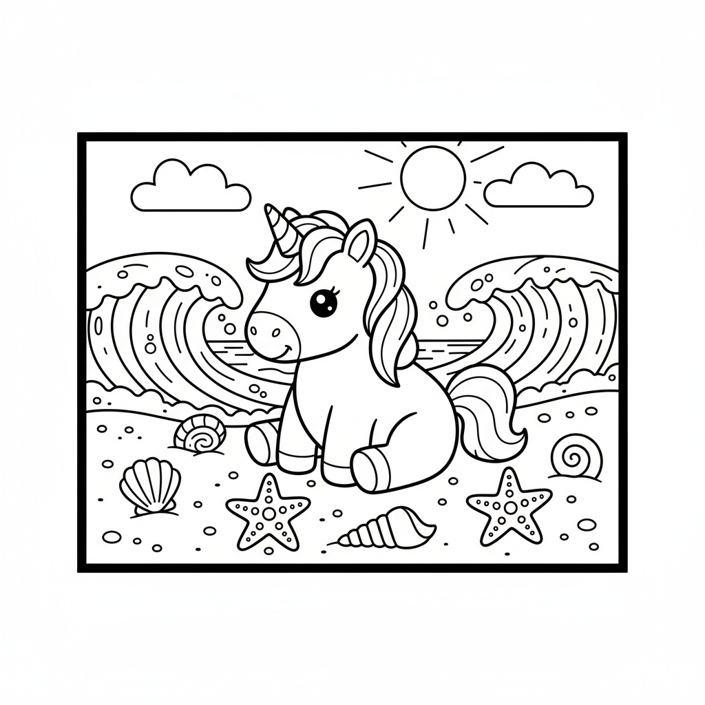 Unicorn on Beach with Seashells - Free printable unicorn coloring page