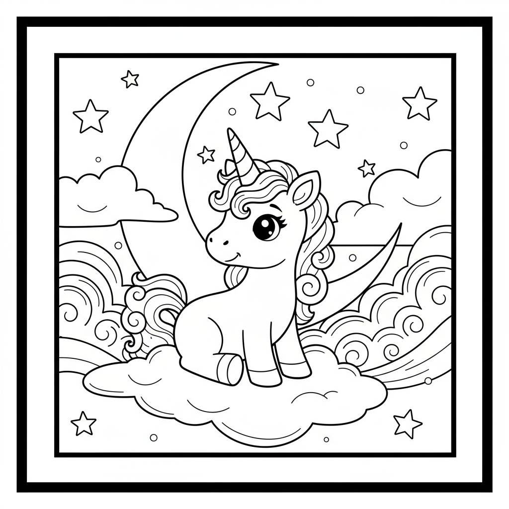 Unicorn Under Moonlight with Stars - Free printable unicorn coloring page