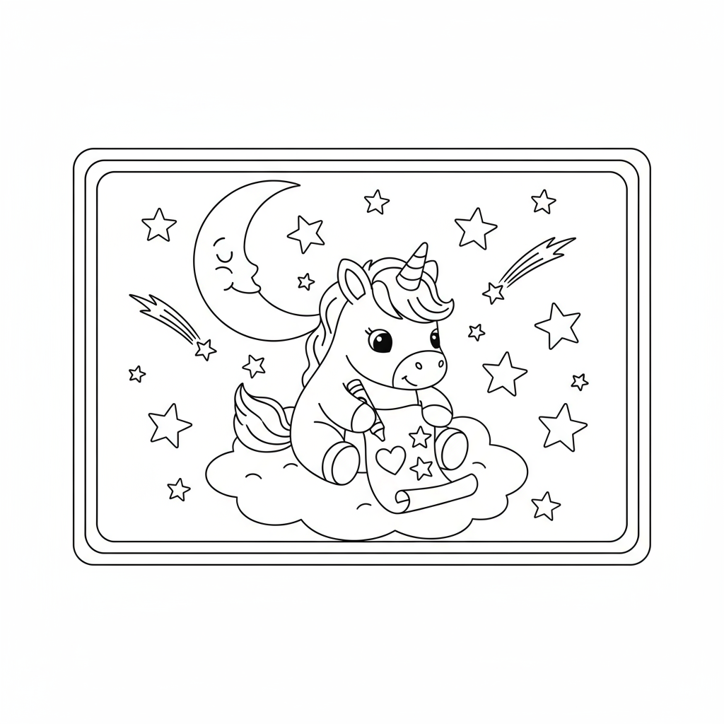 Unicorn Under Starry Night Sky - Free printable unicorn coloring page