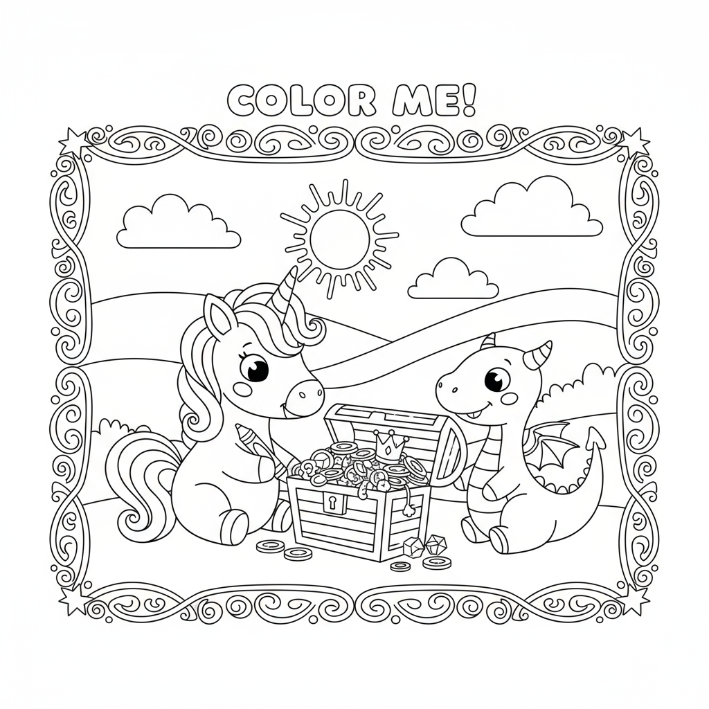 Unicorn with Baby Dragon - Free printable unicorn coloring page