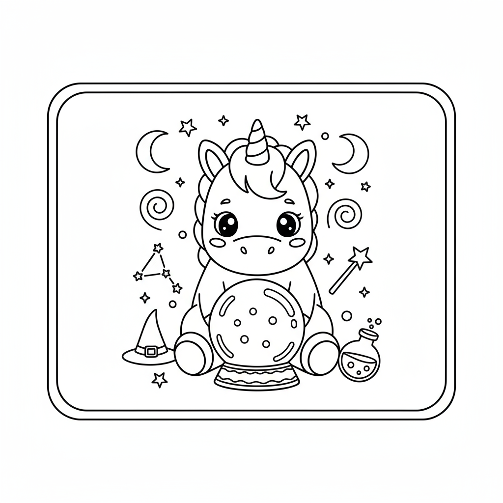 Unicorn with Crystal Ball - Free printable unicorn coloring page