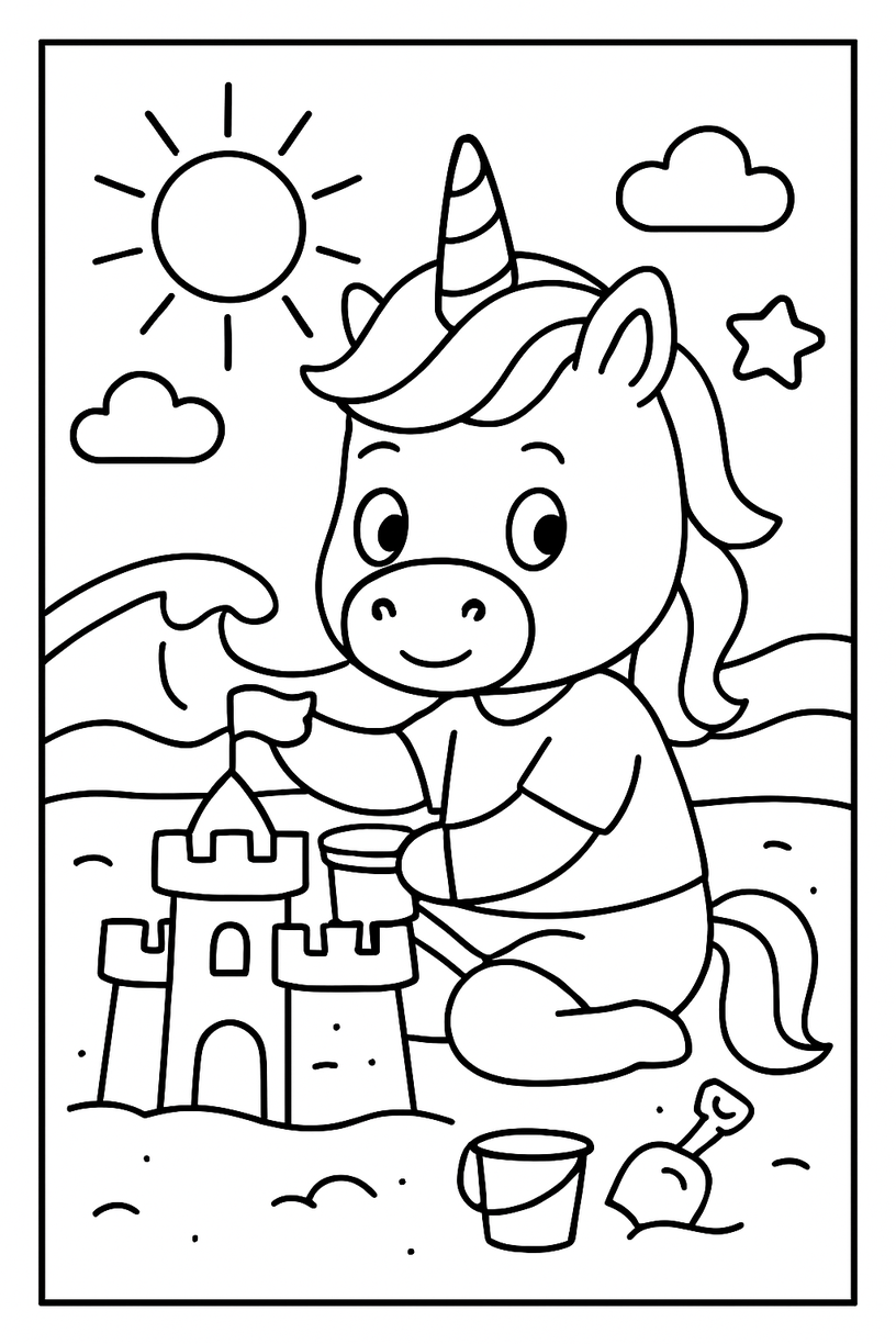Unicorn building a sandcastle on amagical beach - Free printable unicorn coloring page