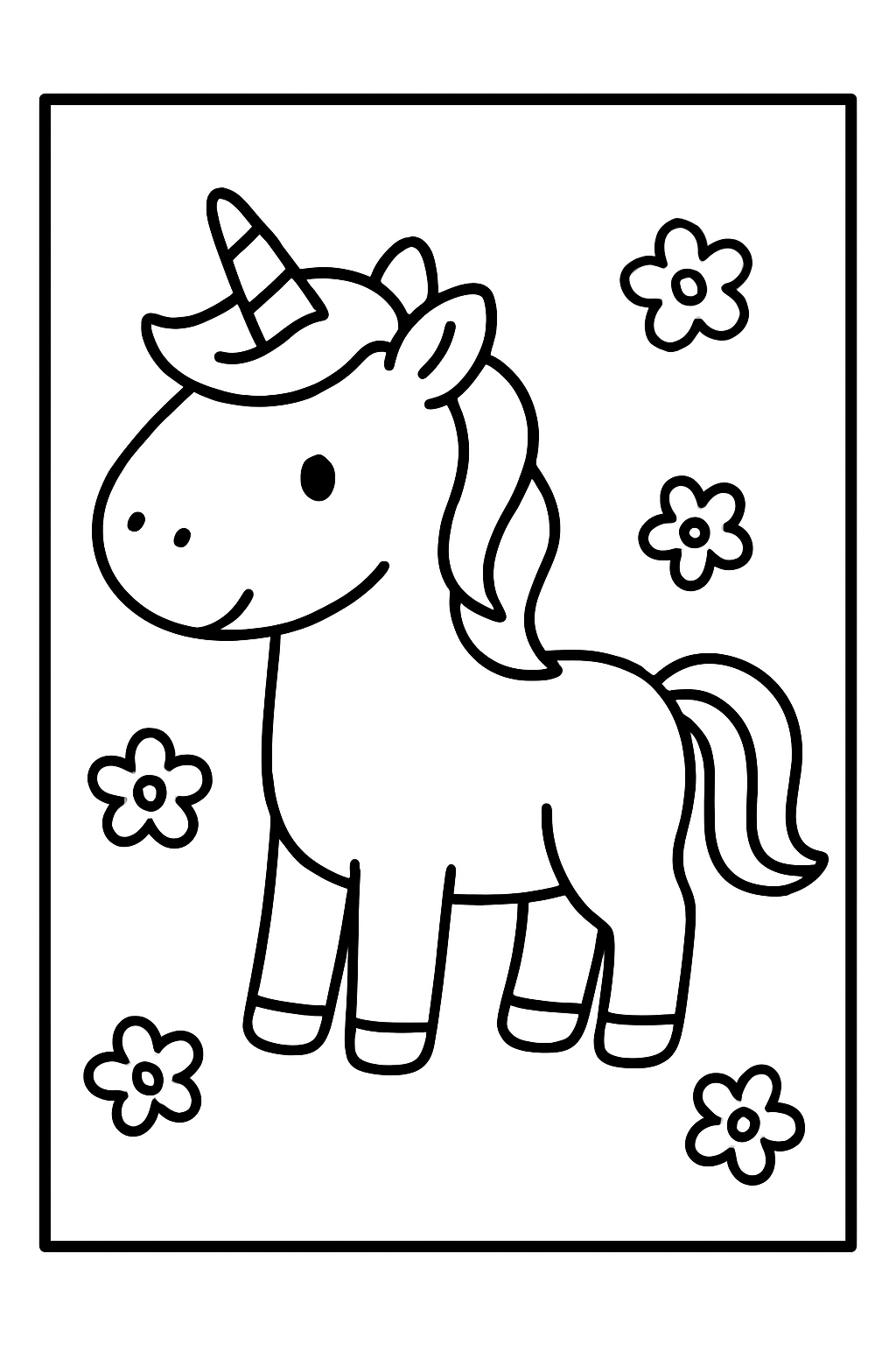 Simple Unicorn with Flowers Coloring Page for Kids - Free printable unicorn coloring page