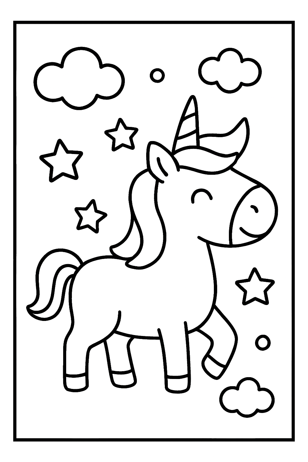 Easy Unicorn with Star and Cloud Coloring Page for Age 3 - Free printable unicorn coloring page