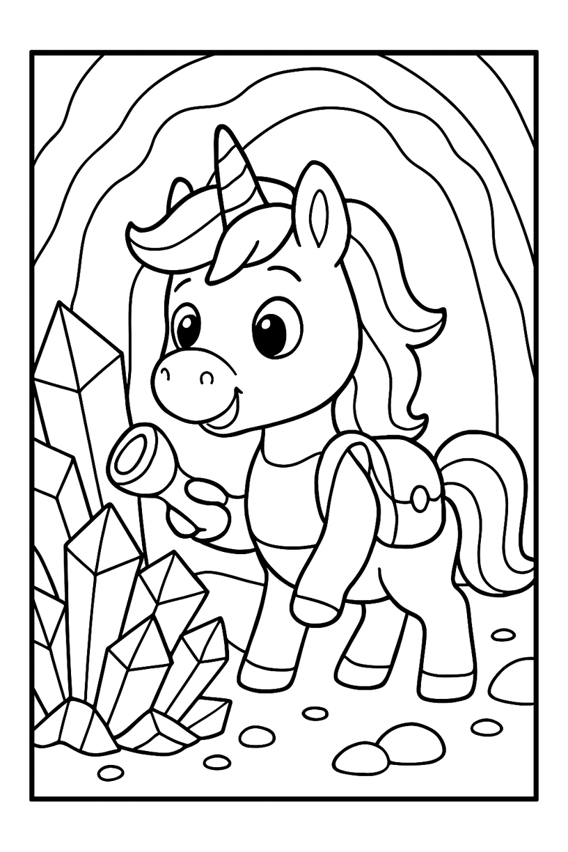 Unicorn exploring a crystal cave - Free printable unicorn coloring page