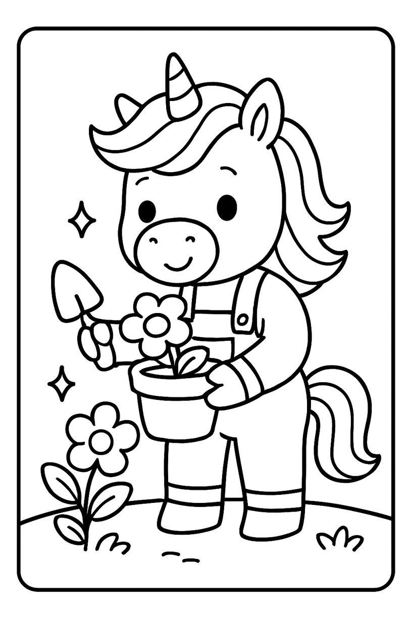 Unicorn gardening with sparkling flowers - Free printable unicorn coloring page