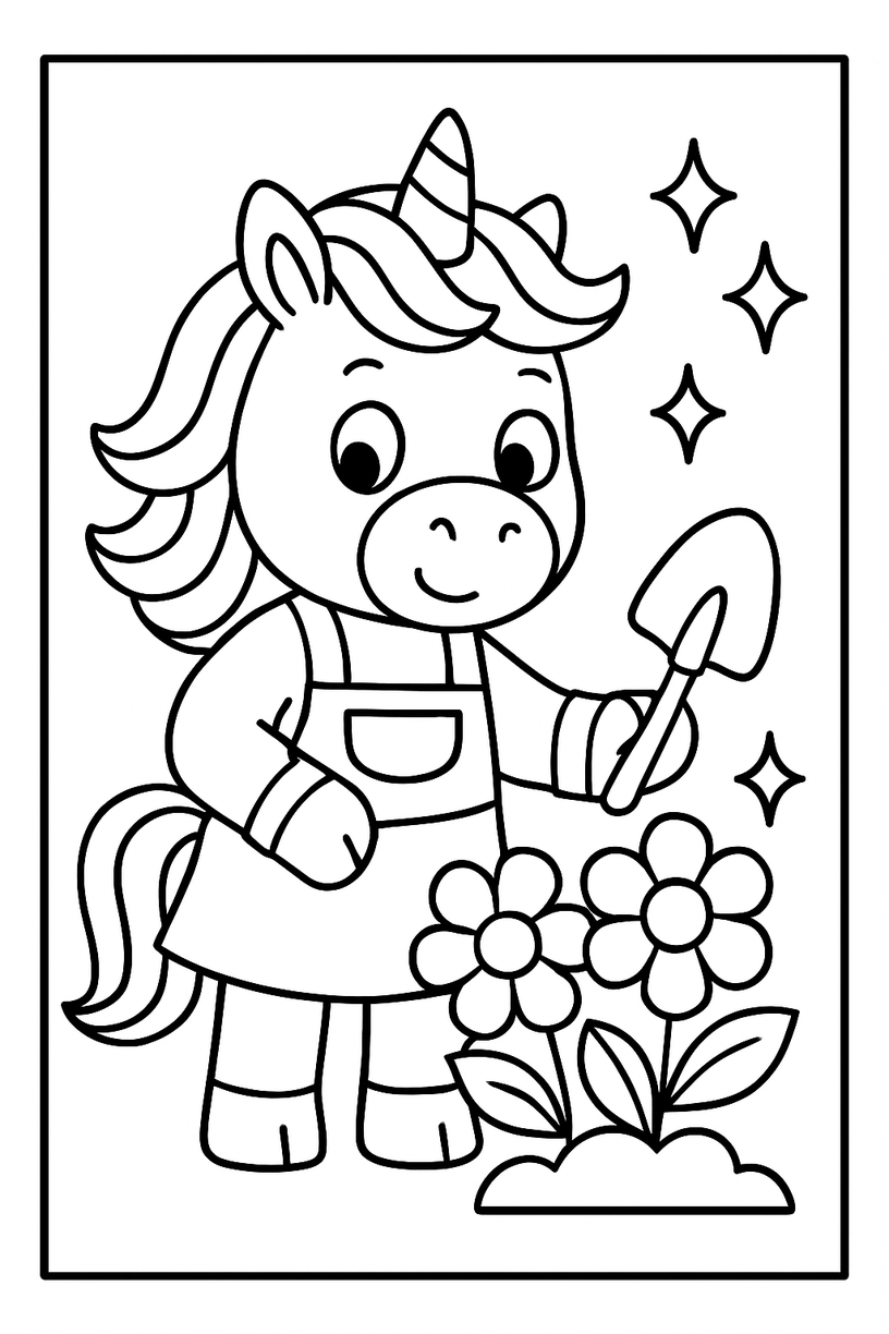 Unicorn gardening with sparkling flowers - Free printable unicorn coloring page