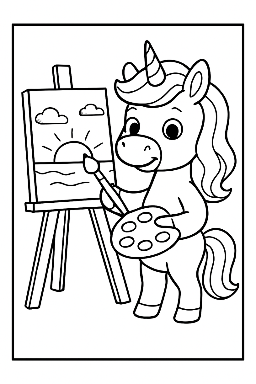 Unicorn painting a picture of a sunset - Free printable unicorn coloring page