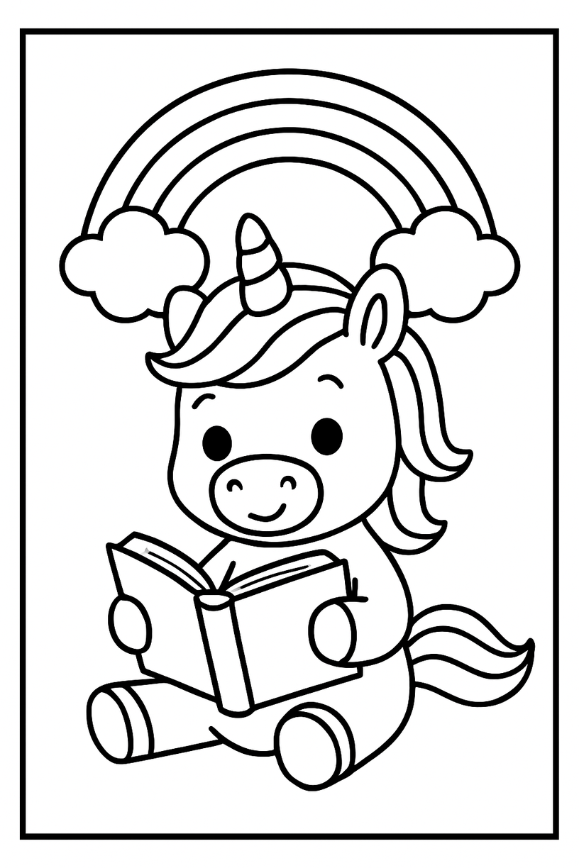 Unicorn reading a book under a rainbow - Free printable unicorn coloring page