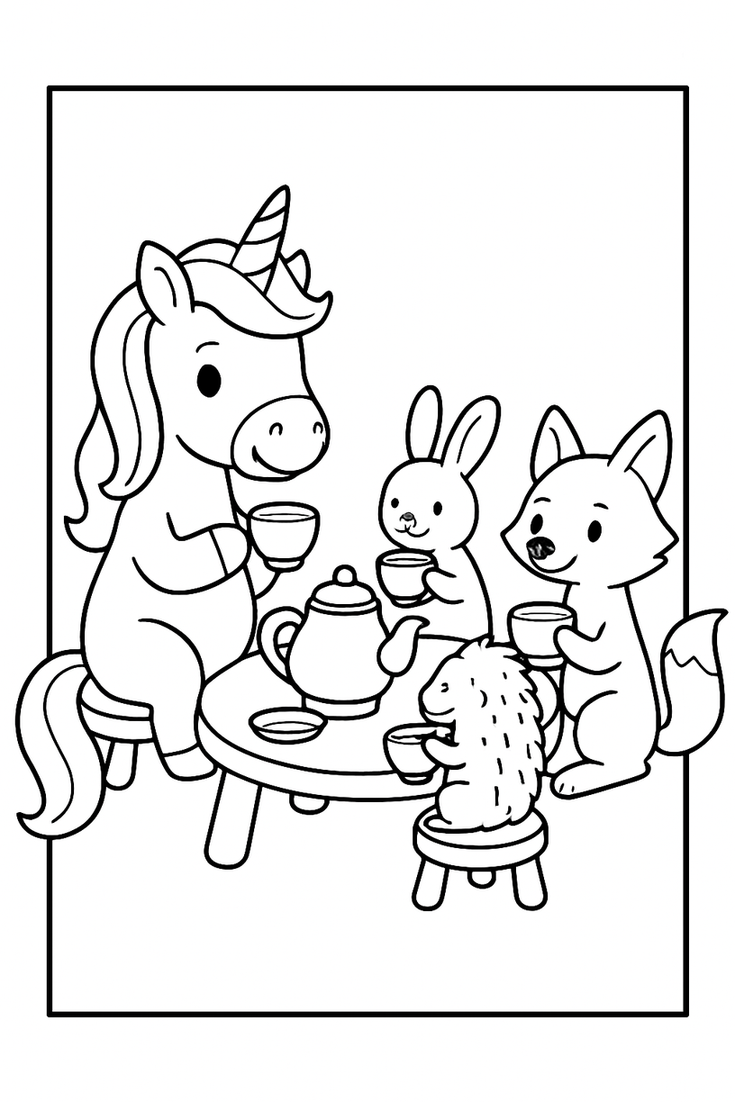 Unicorn Tea Party - Free printable unicorn coloring page