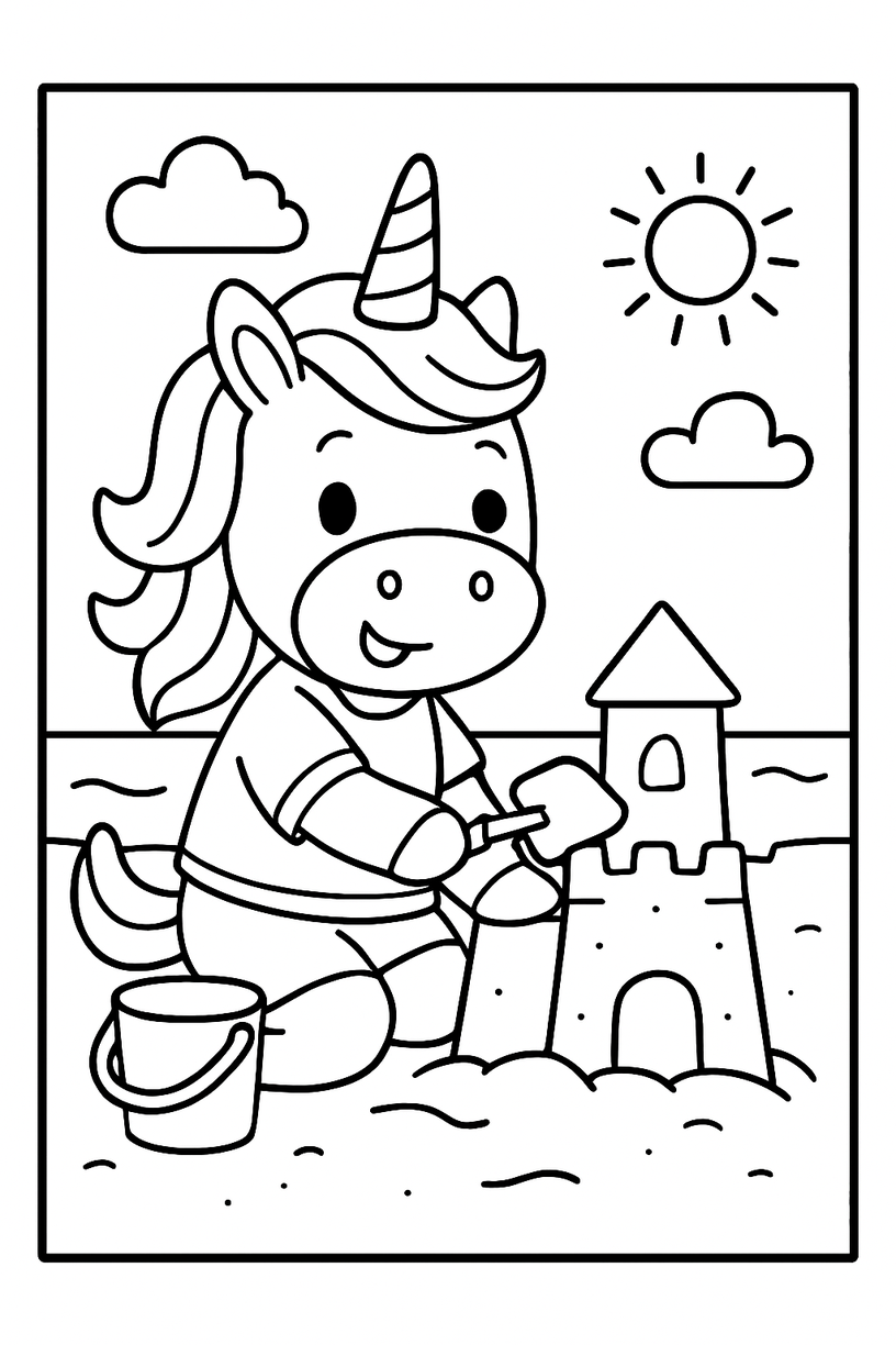 Unicorn Building a Sandcastle - Free printable unicorn coloring page