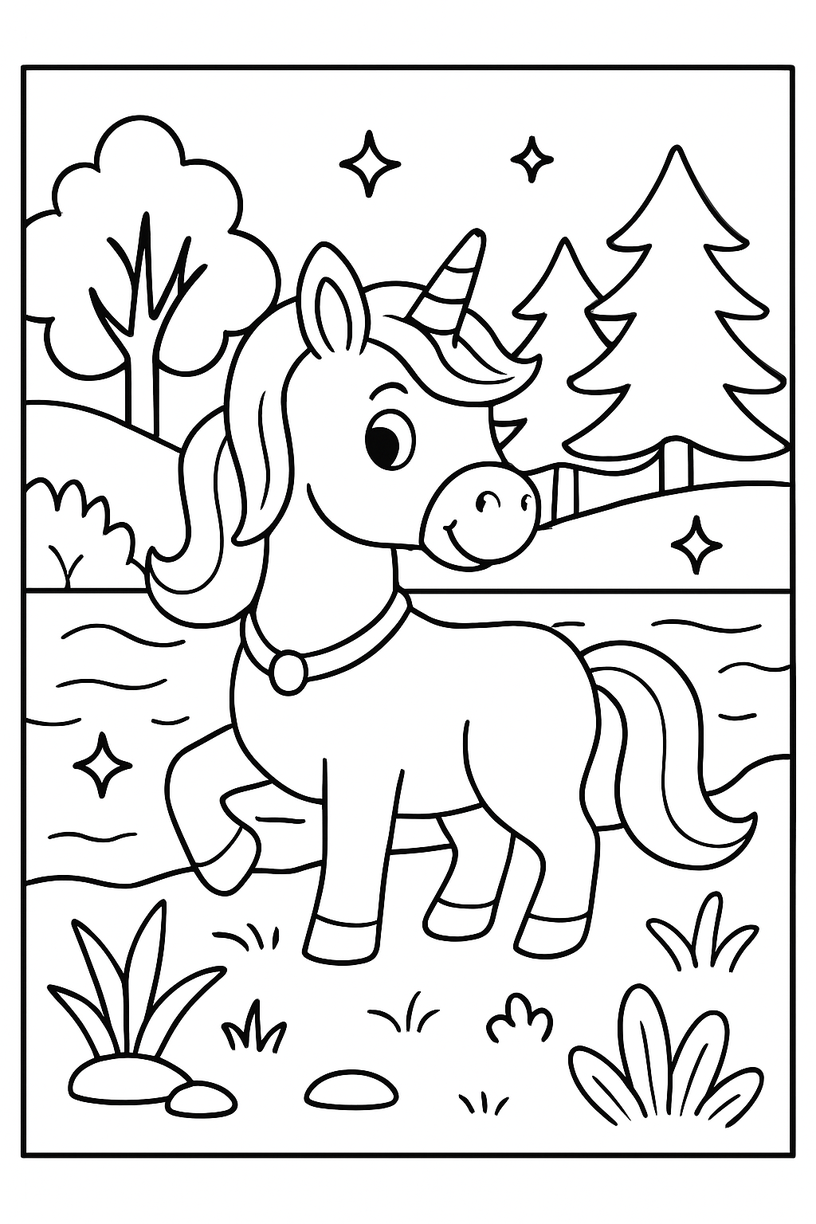 Unicorn by a Sparkling River - Free printable unicorn coloring page