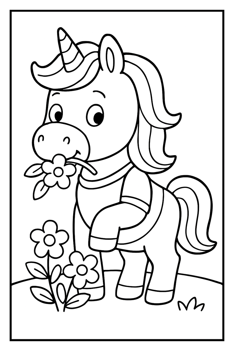 Unicorn Eating Flowers - Free printable unicorn coloring page