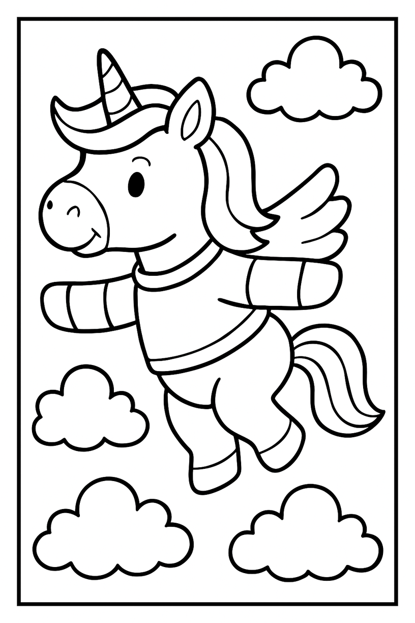 Unicorn Flying Among Clouds - Free printable unicorn coloring page